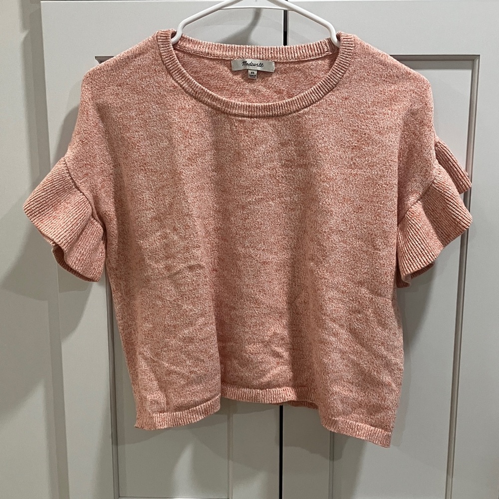 Madewell Women's Pink Cotton Boxy Ruffle Flutter Short Sleeve Knit Sweater Top